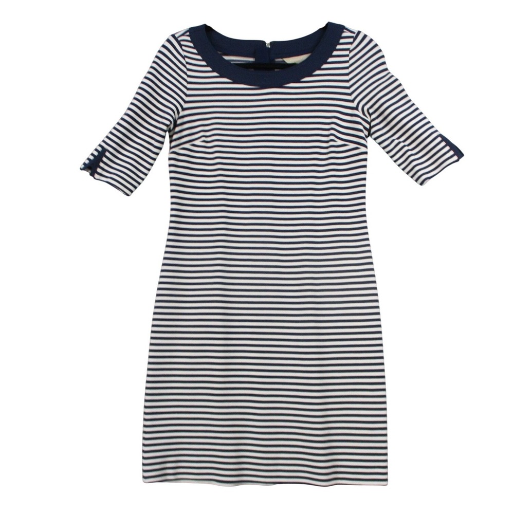Nautical Navy White Striped Sheath Dress Elbow Sleeve‎ Scoop Neck Textured Knit